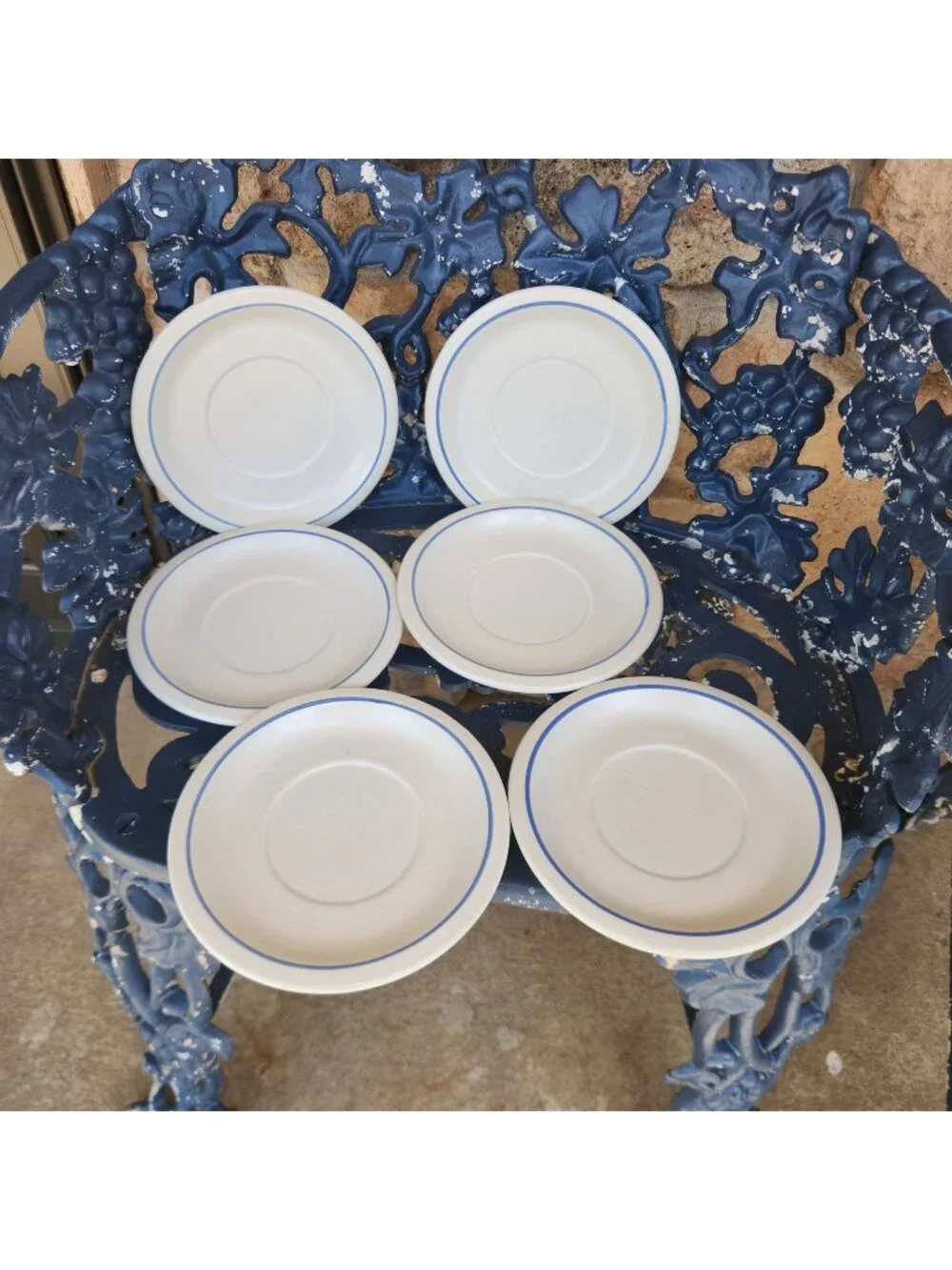 Set Of 6 Vintage Pfaltzgraff Saucers With Blue Trim Stoneware White